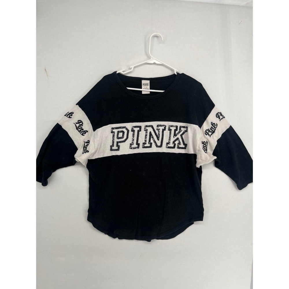 Pink Victoria's Secret Shirt Womens Small Black White Sequin Logo Long Sleeve S